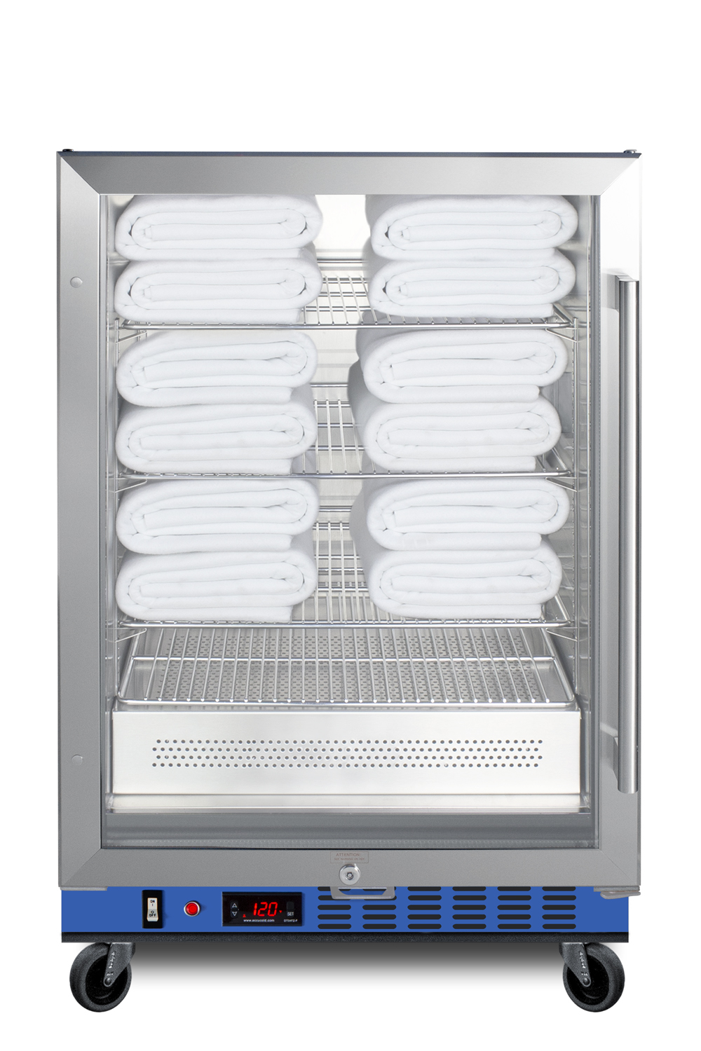 Undercounter single chamber passive heating blanket warmer with glass door, stainless steel interior and exterior, digital thermostat, and lock